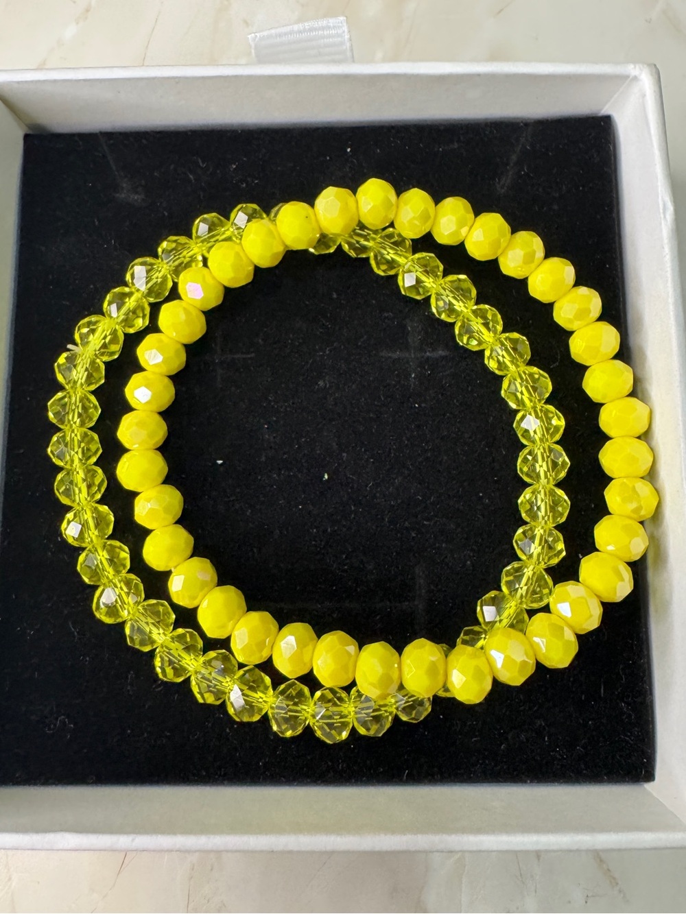 2 Bright Yellow Faceted Glass Bead Stretch Bracelet Set
